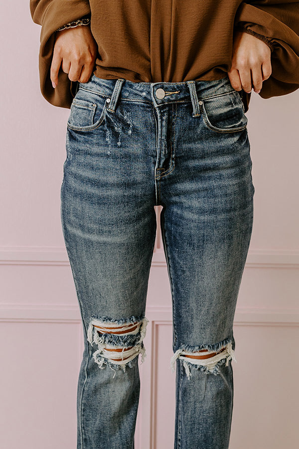 Premium High Waist Distressed Flare Jeans - Dark Wash