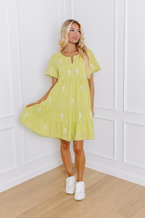 Premium French Farmhouse Embroidered Mini Dress - Lime Punch