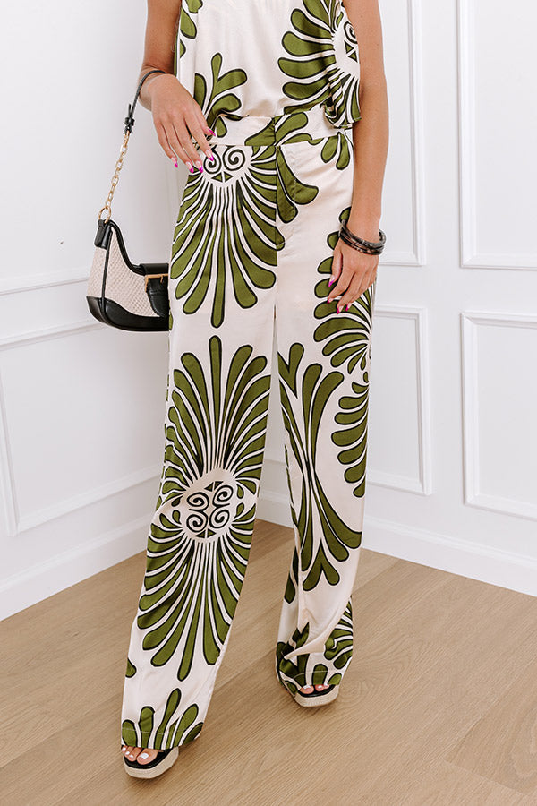 Premium Hawaiian Paradise Satin High Waist Pants - Olive