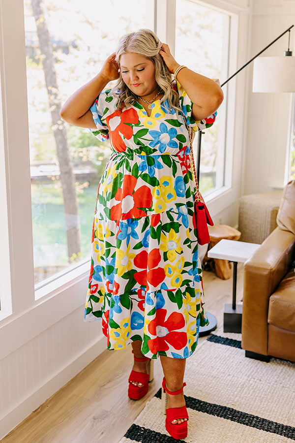 Premium Floral Midi Dress - Porch Swing Sunset Elegance