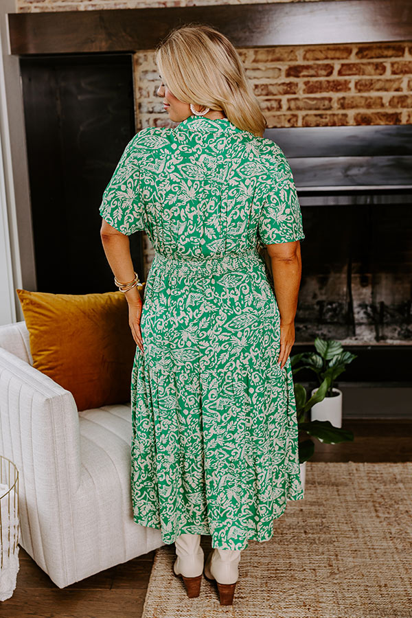 Premium Resort Getaway Floral Midi Dress in Green Curves