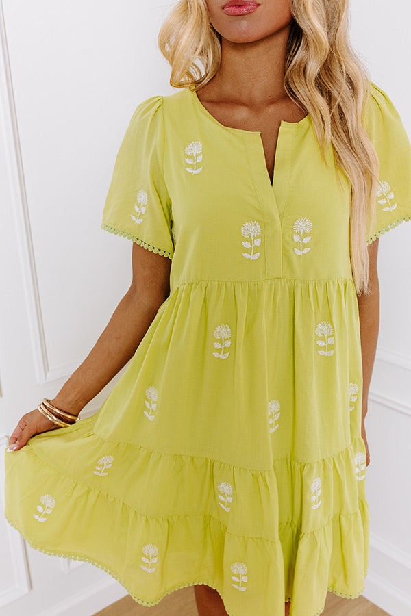 Premium French Farmhouse Embroidered Mini Dress - Lime Punch