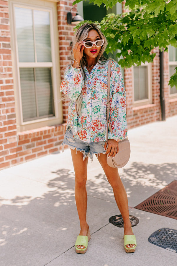 Premium Aqua Floral Button-Up Top - Ultimate Chic Style