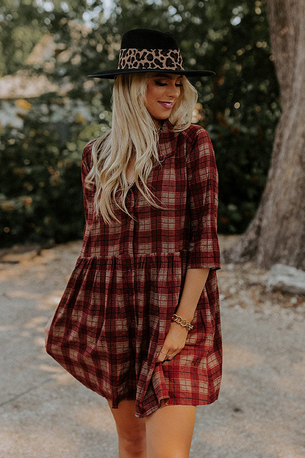 Premium Cherry Mood Plaid Tunic Dress - Wine Red Elegance