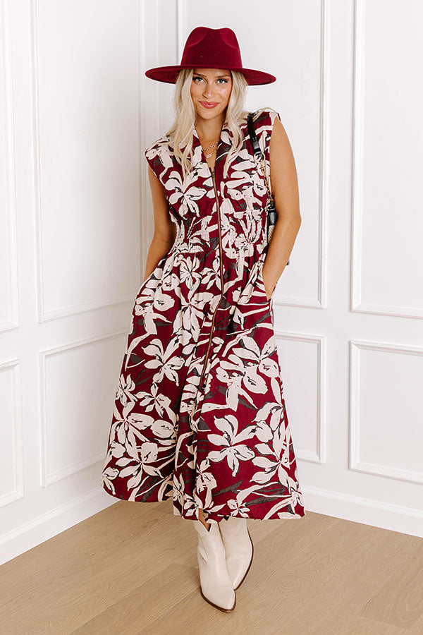 Premium Merlot Floral Midi Dress - Effortless Elegance