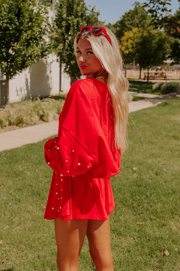 Premium Pearl-Embellished Crop Sweatshirt - Red | Ultimate Sideline Chic