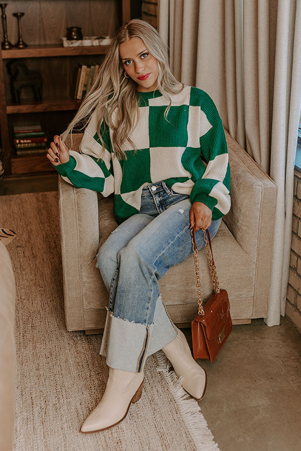 Premium Checkered Knit Sweater - Hunter Green & Ivory