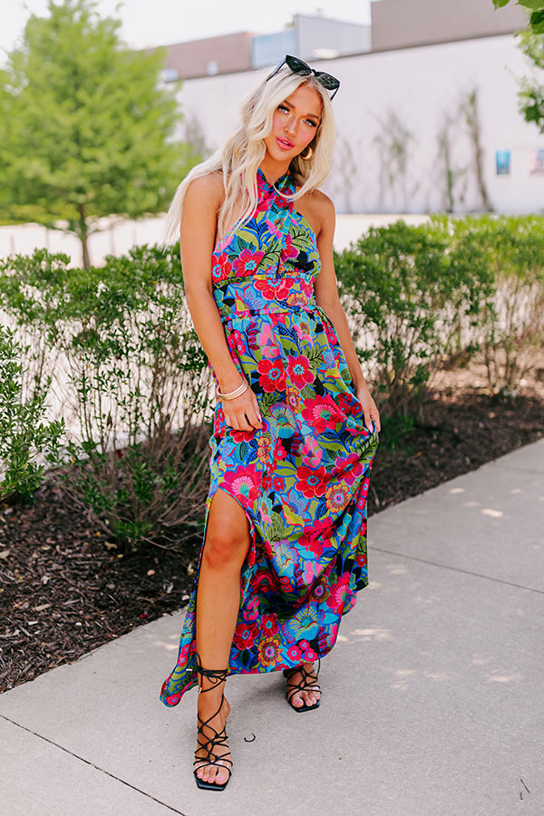 Premium Satin Maxi Dress - Vibrant Floral Print