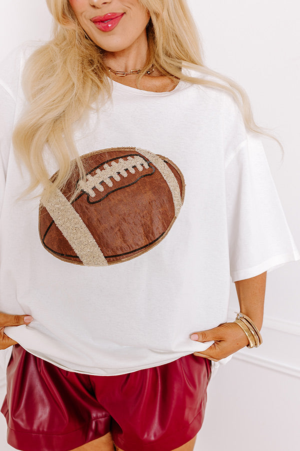 Premium Game Day Tee: Kickoff Cutie Embroidered Oversized Tee in White Curves