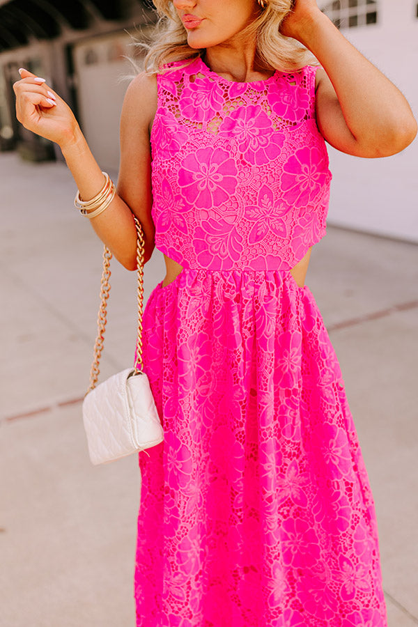 Ultimate Elegance Lace Cut Out Midi Dress - Hot Pink