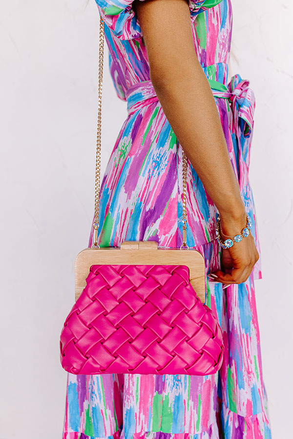 Premium Seaside Oasis Woven Leather Handbag in Hot Pink