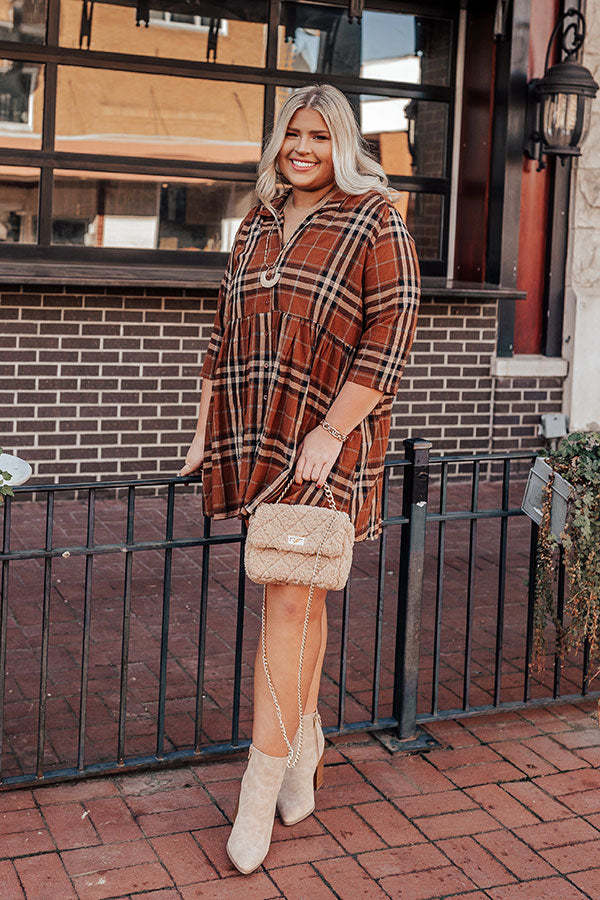 Premium Plaid Tunic Dress - Dark Camel Elegance for Curves