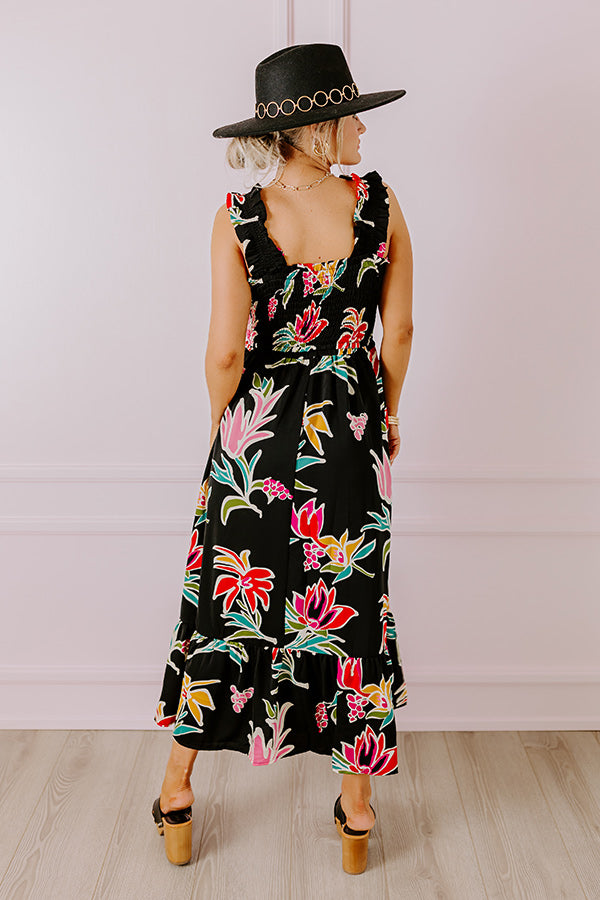 Ultimate Happy Blooms Smocked Midi Dress - Black