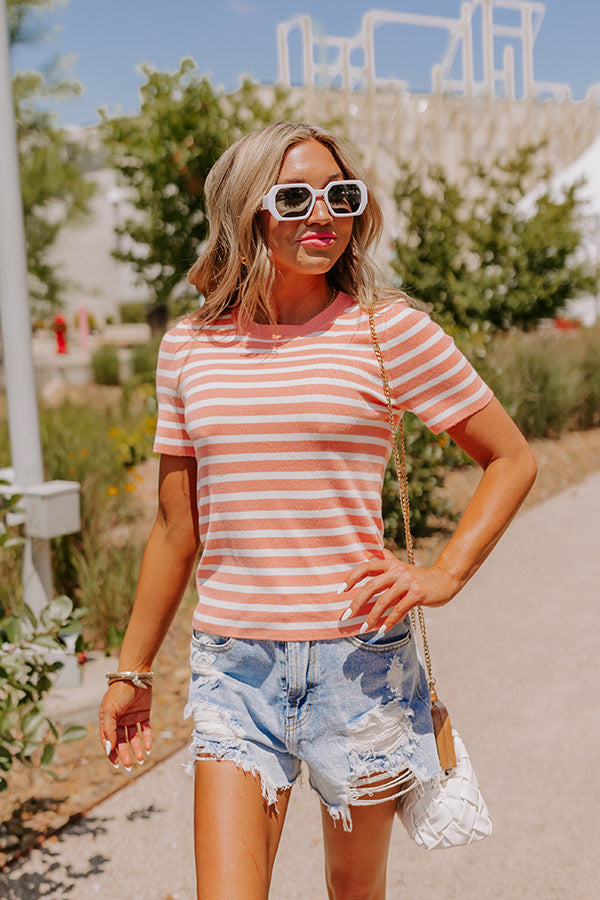 Premium Vacay Mode Striped Top - Light Coral