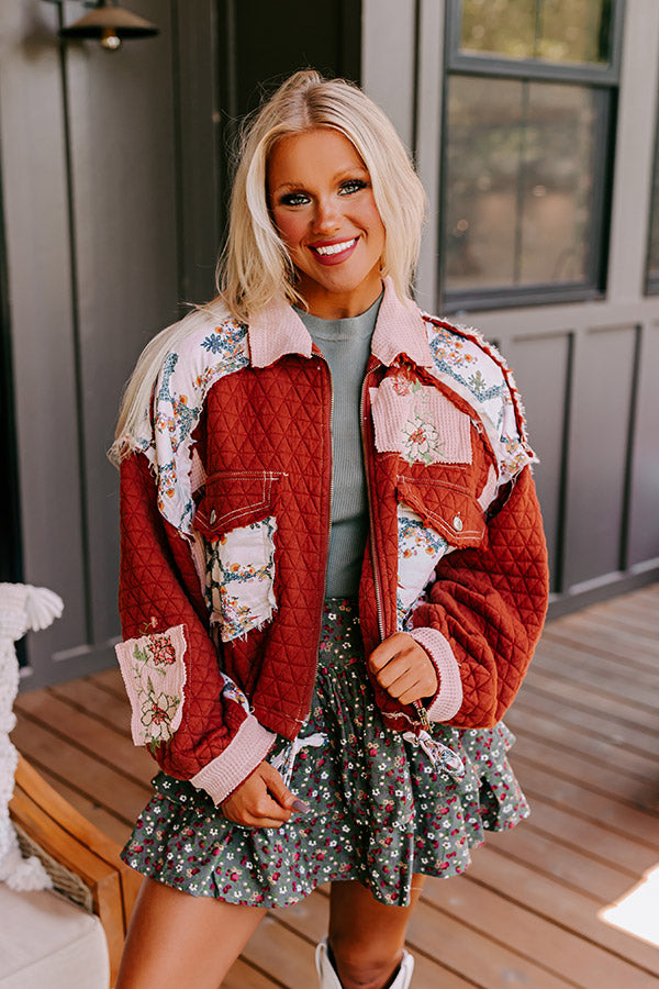 Premium Rust-Toned Quilted Jacket with Floral Accents