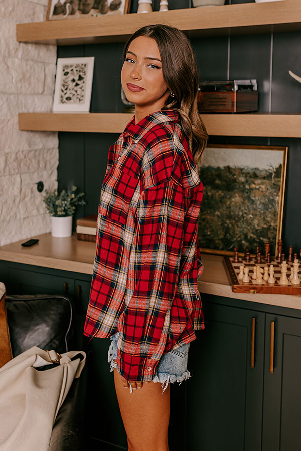 Premium Fireside S'mores Oversized Flannel Shirt - Autumn Red