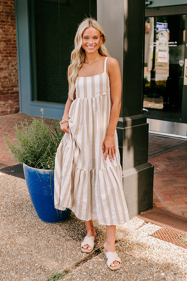 Premium Coastal Striped Midi Dress - Oatmeal