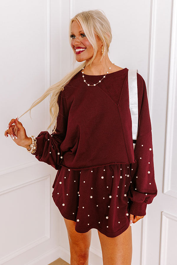 Premium Pearl Embellished Crop Sweatshirt - Maroon | Sideline Chic Collection