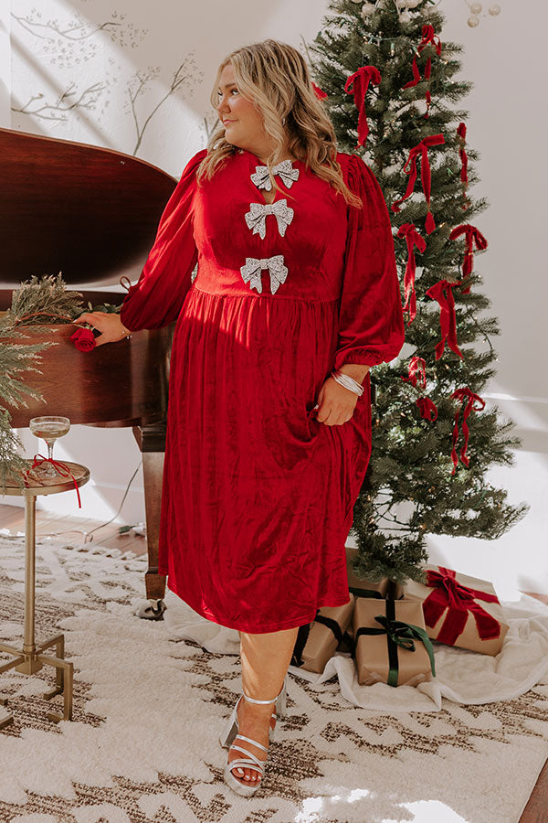Premium Velvet Midi Dress with Rhinestone Bows - Crimson Curves