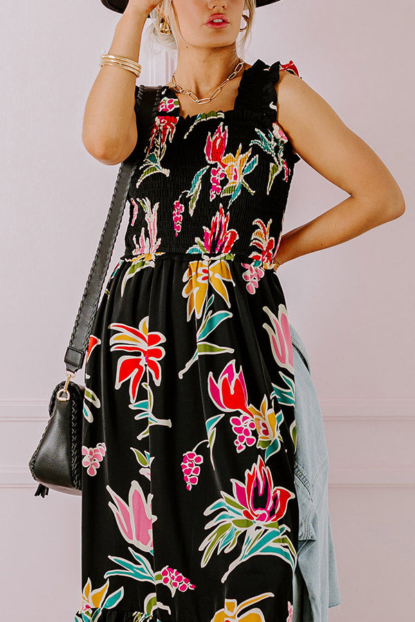 Ultimate Happy Blooms Smocked Midi Dress - Black