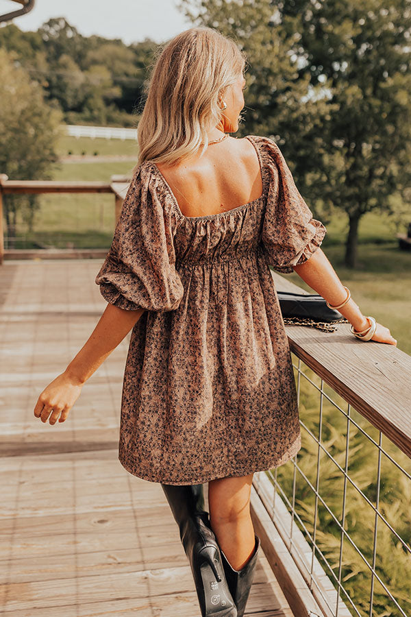 Premium Floral Mini Dress - Mocha Elegance