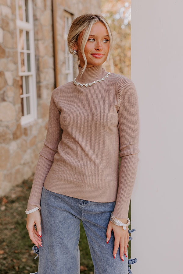 Premium Glam Rhinestone Knit Top - Taupe | Ultimate Comfort & Style