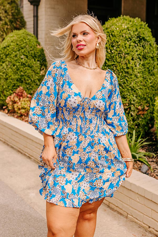 Premium Whispering Muse Floral Mini Dress - Ocean Blue Elegance