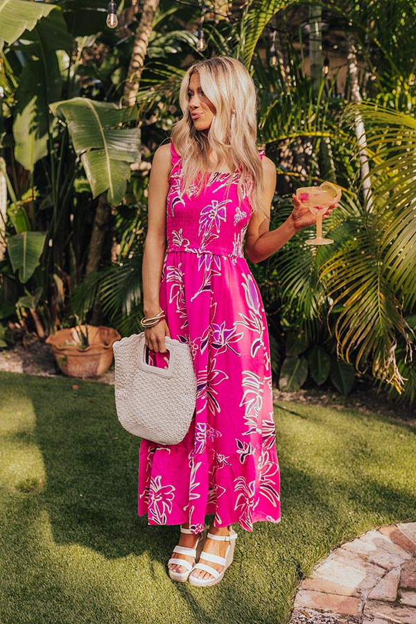 Premium Happy Blooms Smocked Midi Dress - Hot Pink