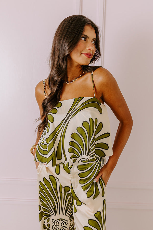 Premium Hawaiian Paradise Satin Crop Top - Olive