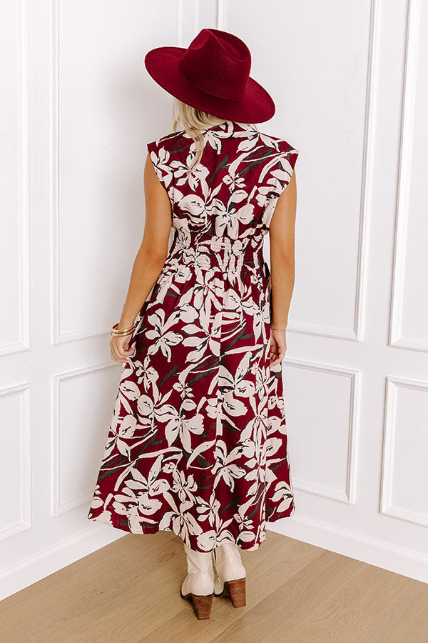 Premium Merlot Floral Midi Dress - Effortless Elegance