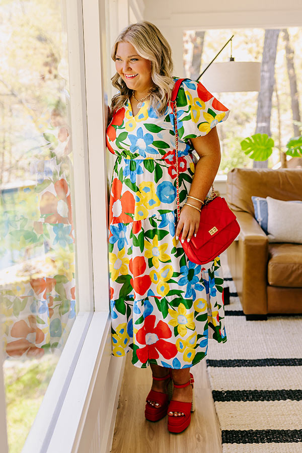 Premium Floral Midi Dress - Porch Swing Sunset Elegance