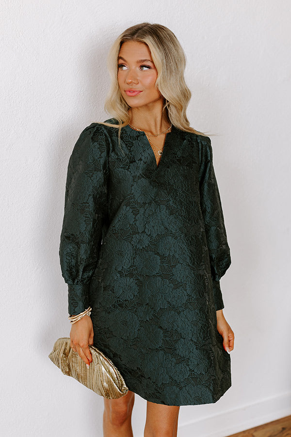 Premium Hunter Green Jacquard Mini Dress - Effortless Elegance