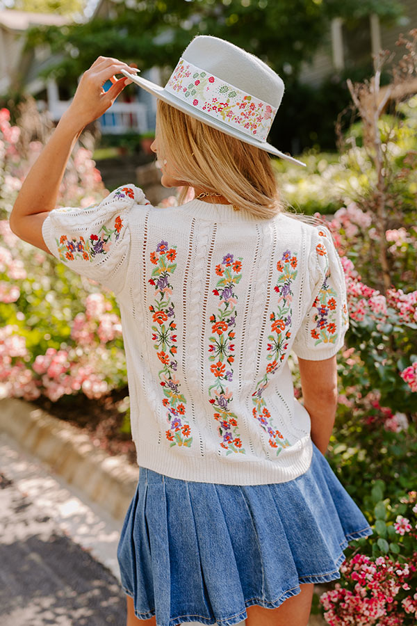 Premium Wildflower Fields Embroidered Knit Top in Ivory