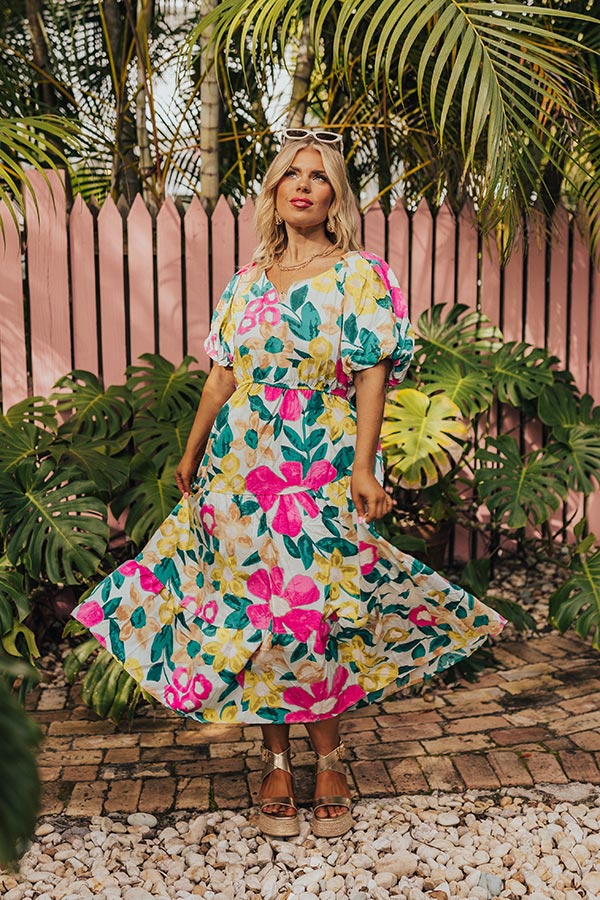 Premium Porch Swing Floral Midi Dress - Sunset Elegance