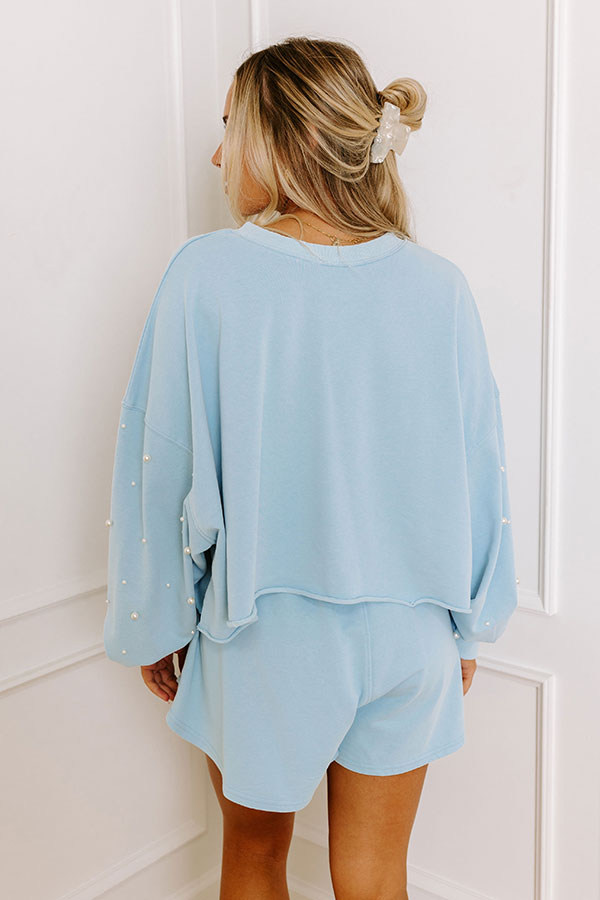 Premium Sky Blue Embellished Crop Sweatshirt - Ultimate Chic Style