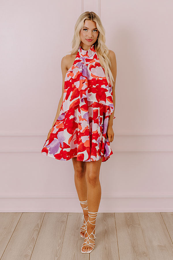 Premium Santorini Seashells Dress - Vibrant Red Floral Design