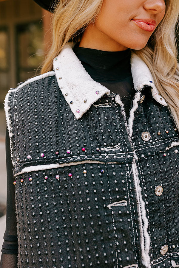 Premium Black Pearl Embellished Denim Vest by Denver Dreams