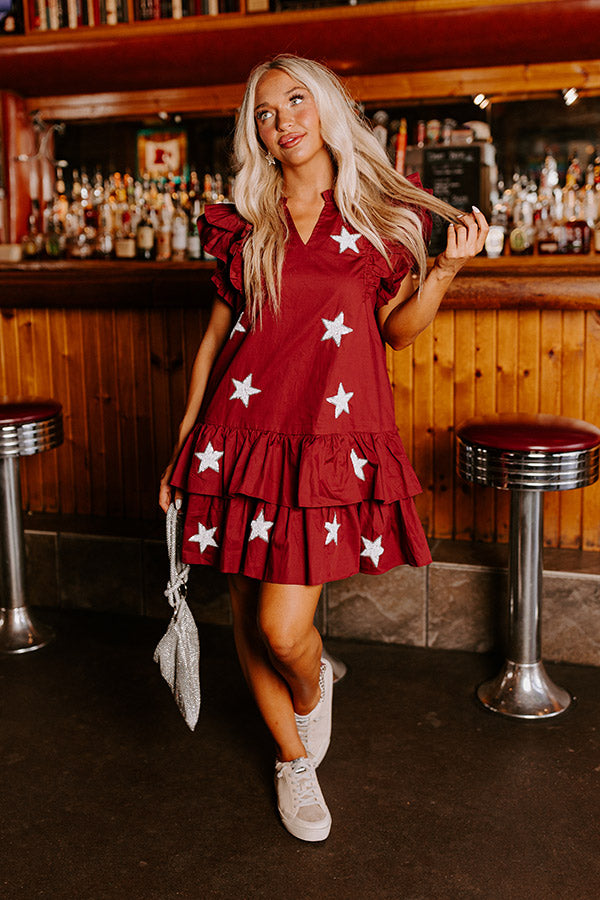 Premium Stadium Glam Ruffle Mini Dress in Maroon