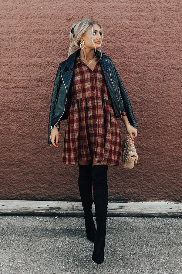 Premium Cherry Mood Plaid Tunic Dress - Wine Red Elegance