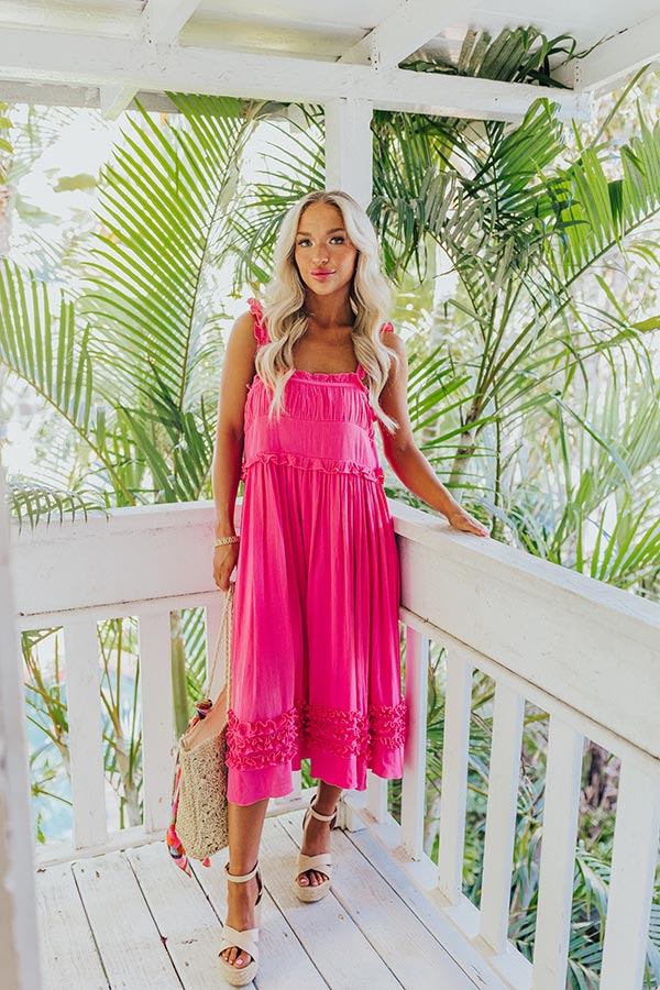 Ultimate Bayside Bliss Ruffle Midi Dress - Hot Pink