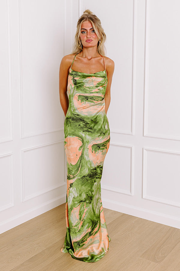 Premium Sunset Sangria Satin Maxi Dress - Olive Elegance