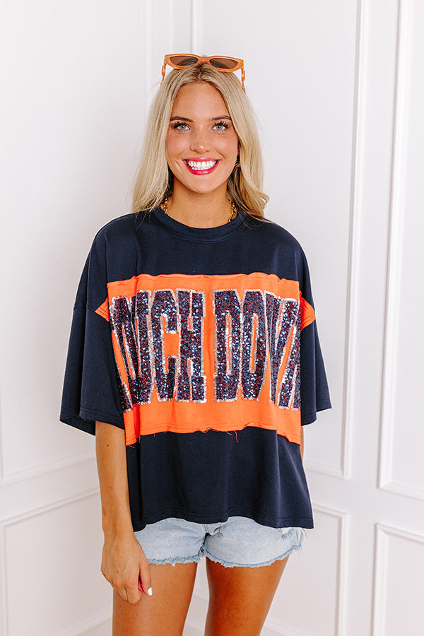 Ultimate Game Day Glow: Touchdown Sequin Oversized Tee in Navy/Orange