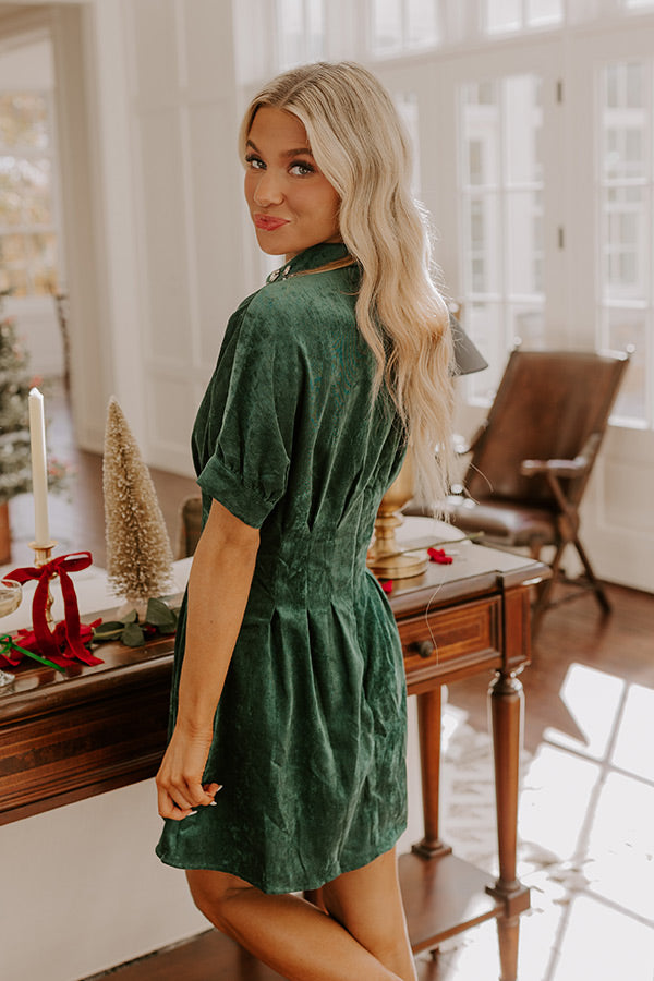 Premium Hunter Green Corduroy Mini Dress with Rhinestone Accents