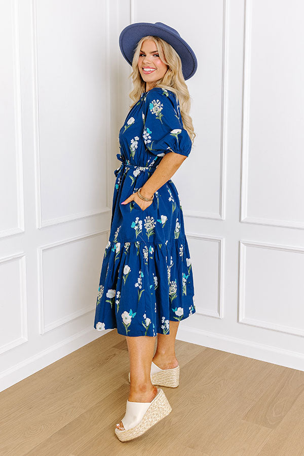 Premium Southern Countryside Floral Midi Dress - Blue Curves