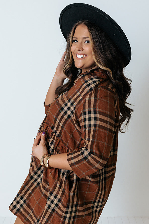 Premium Plaid Tunic Dress - Dark Camel Elegance for Curves