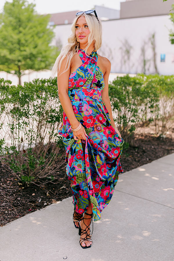 Premium Satin Maxi Dress - Vibrant Floral Print