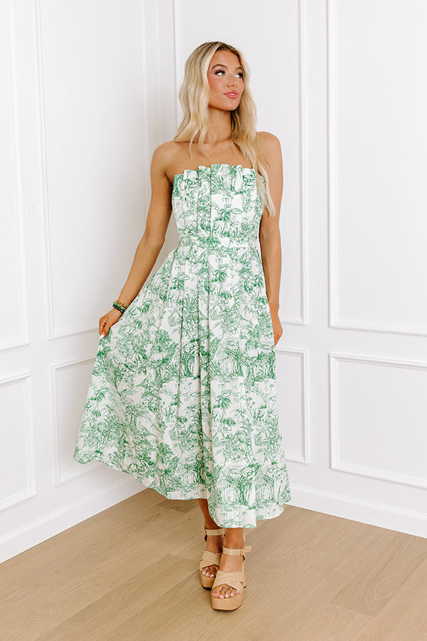 Premium Tropical Veranda Midi Dress in Green