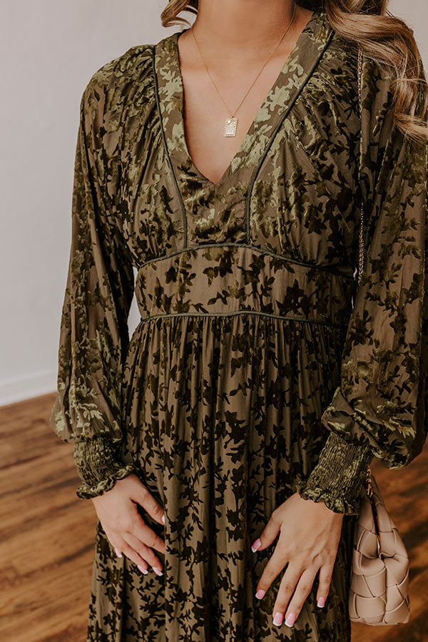 Premium Velvet Burnout Maxi Dress - Olive Botanical Romance