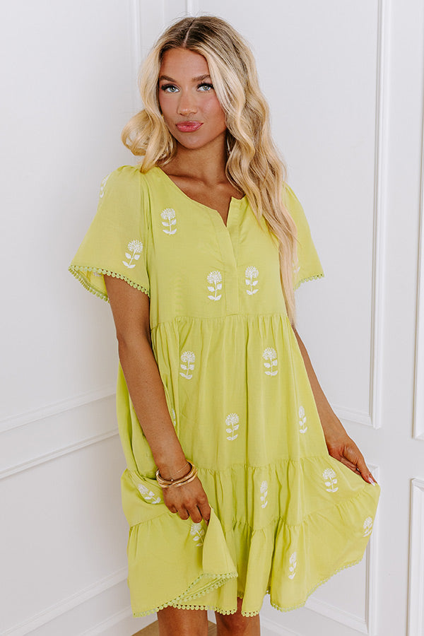 Premium French Farmhouse Embroidered Mini Dress - Lime Punch