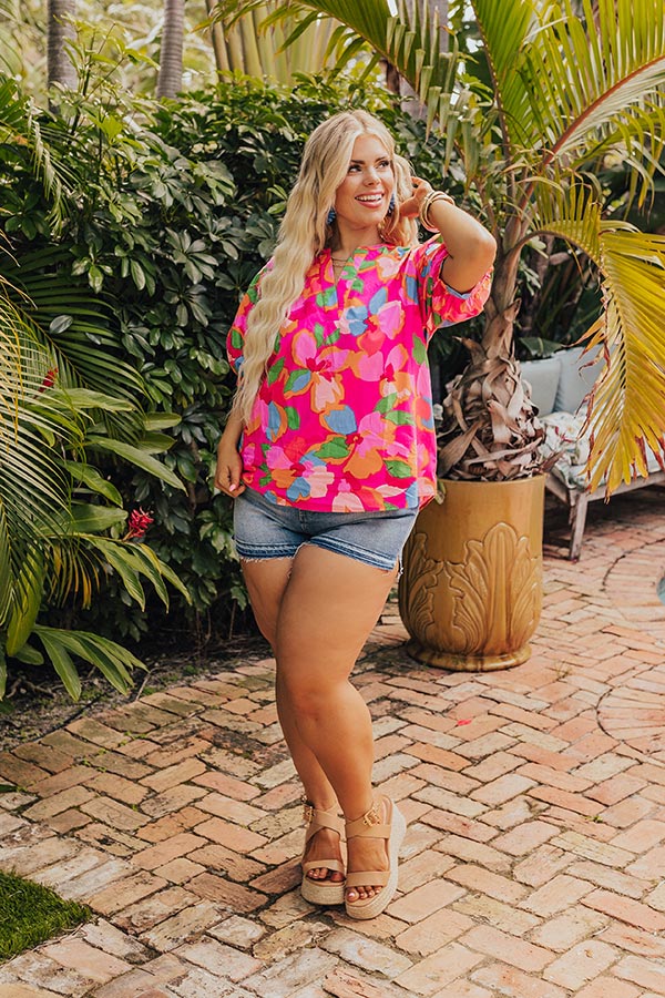 Premium French Riviera Floral Shift Top - Hot Pink Curves